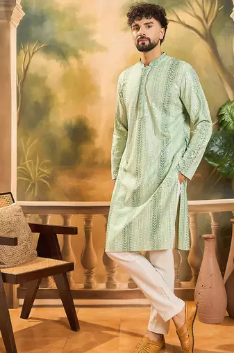 Mens viscose rayon green solid embroidered kurta with trouser