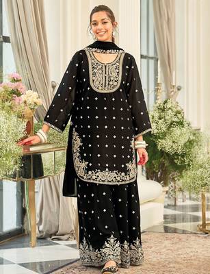 Paisley Embroidered Sequinned Straight Kurta With Palazzos & Dupatta 1