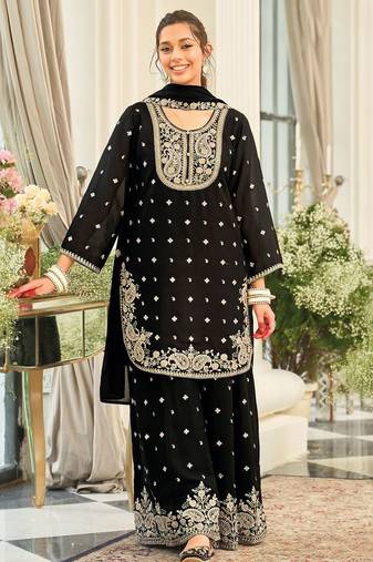 Paisley Embroidered Sequinned Straight Kurta With Palazzos & Dupatta