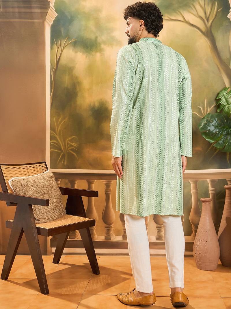 Mens viscose rayon green solid embroidered kurta with trouser