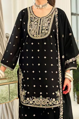 Paisley Embroidered Sequinned Straight Kurta With Palazzos & Dupatta