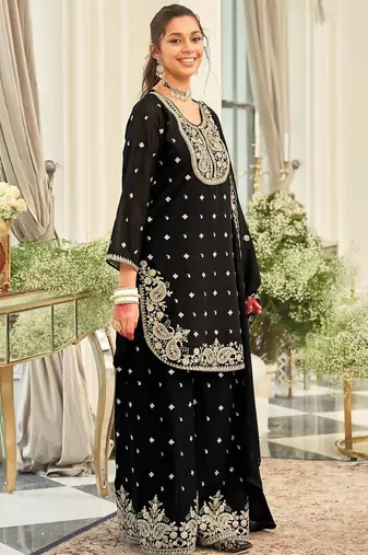 Paisley Embroidered Sequinned Straight Kurta With Palazzos & Dupatta