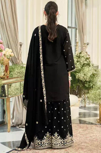 Paisley Embroidered Sequinned Straight Kurta With Palazzos & Dupatta