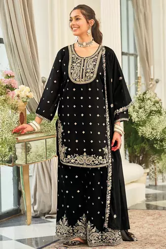 Paisley Embroidered Sequinned Straight Kurta With Palazzos & Dupatta