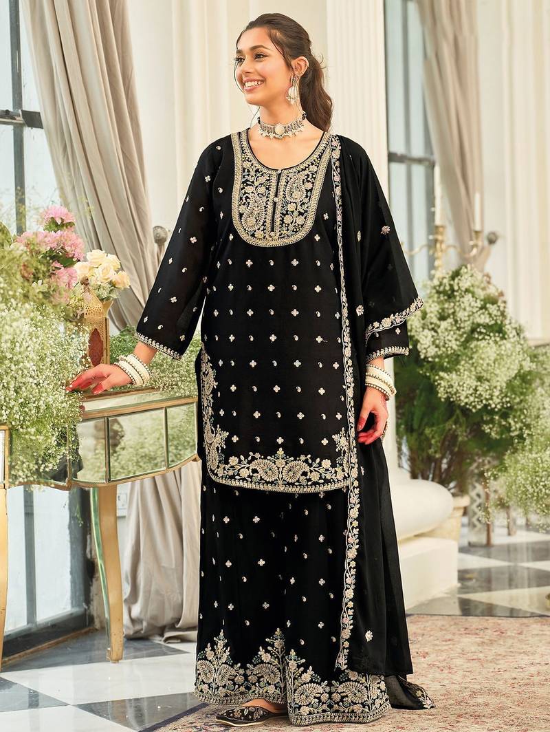 Paisley Embroidered Sequinned Straight Kurta With Palazzos & Dupatta