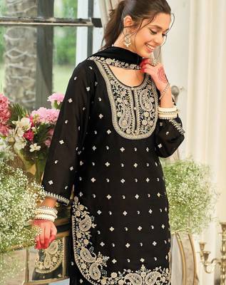 Paisley Embroidered Sequinned Straight Kurta With Palazzos & Dupatta 6