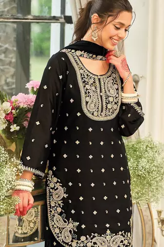Paisley Embroidered Sequinned Straight Kurta With Palazzos & Dupatta