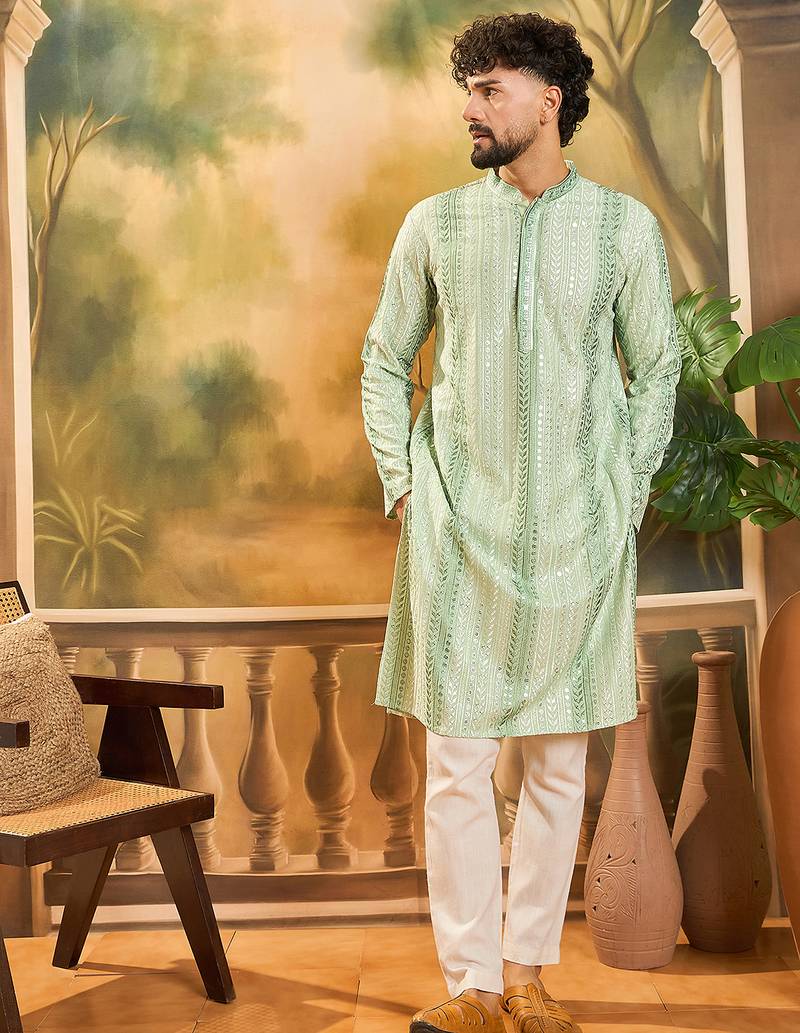 Mens viscose rayon green solid embroidered kurta with trouser