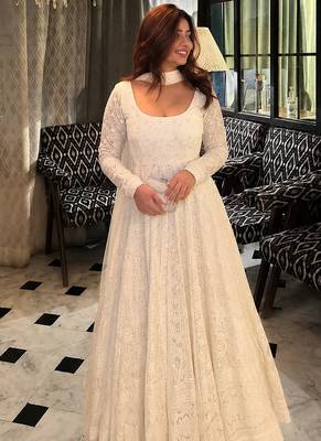 Off white fuax blooming party wear embroidery anarkali suit set 1