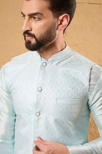 Mens blue jacquard woven design mandarin collar koti