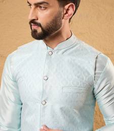 Mens blue jacquard woven design mandarin collar koti