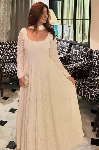 Off white fuax blooming party wear embroidery anarkali suit set