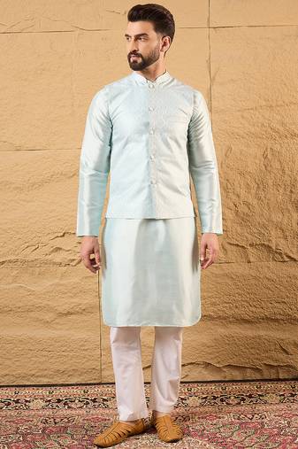 Mens blue jacquard woven design mandarin collar koti
