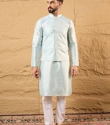 Mens blue jacquard woven design mandarin collar koti