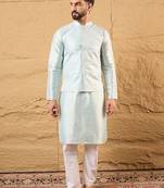 Mens blue jacquard woven design mandarin collar koti