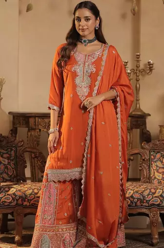 Women Ethnic Motifs Embroidered Sequinned Kurta with Palazzos & Dupatta