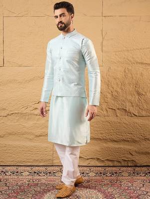 Mens blue jacquard woven design mandarin collar koti 3