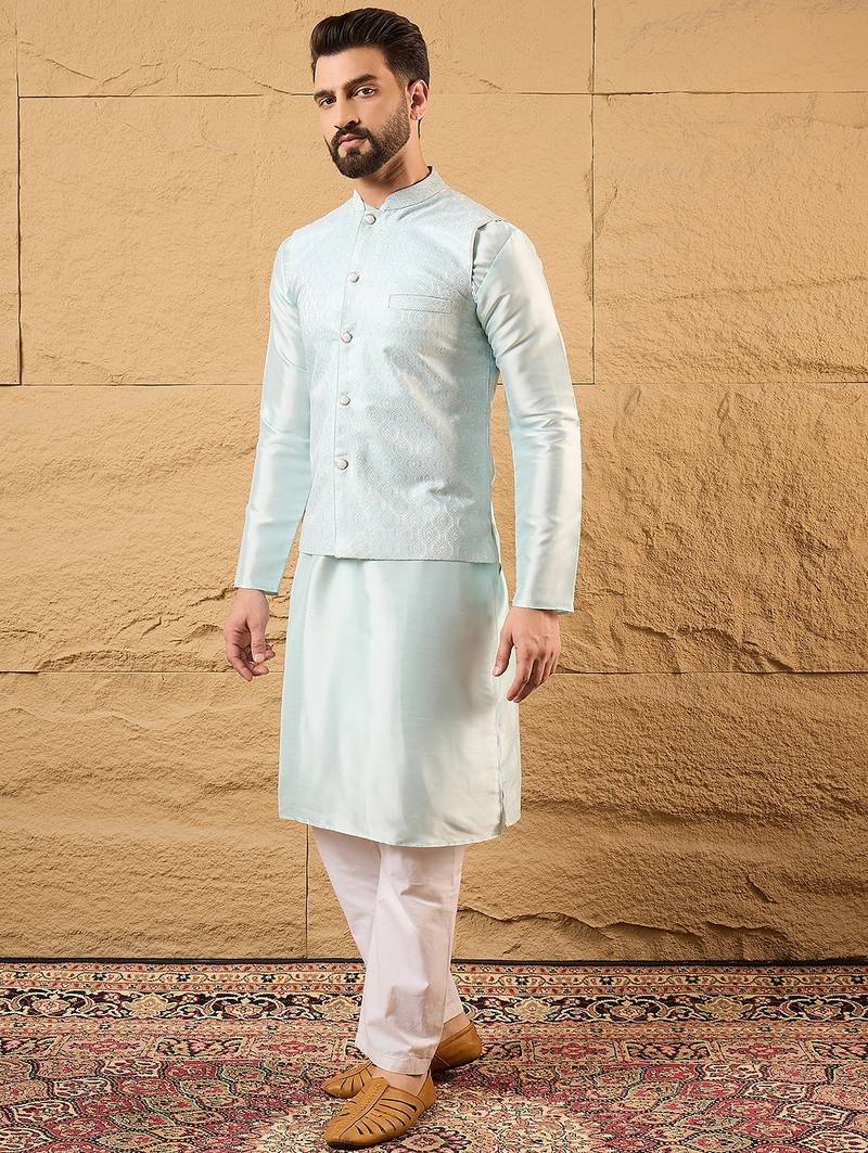 Mens blue jacquard woven design mandarin collar koti