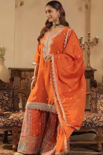 Women Ethnic Motifs Embroidered Sequinned Kurta with Palazzos & Dupatta