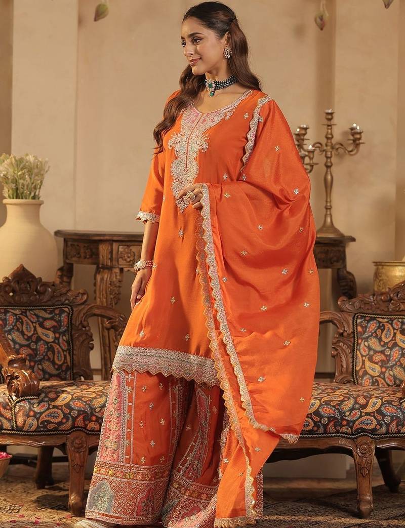 Women Ethnic Motifs Embroidered Sequinned Kurta with Palazzos & Dupatta