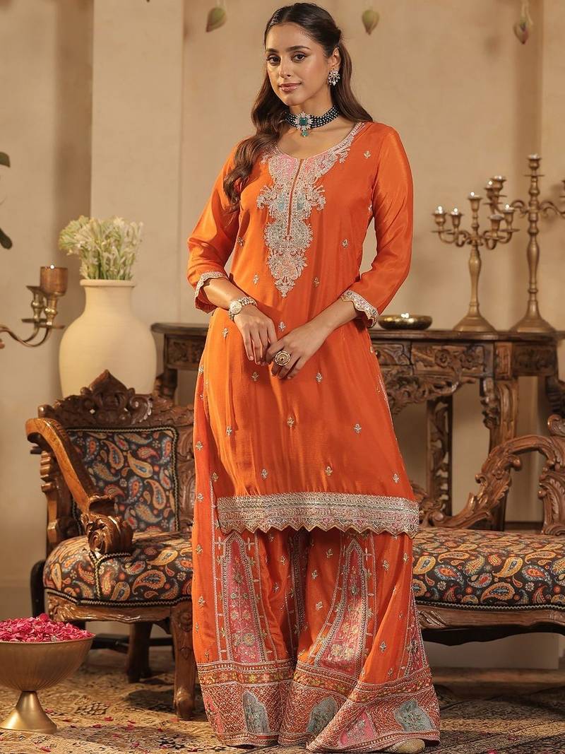 Women Ethnic Motifs Embroidered Sequinned Kurta with Palazzos & Dupatta