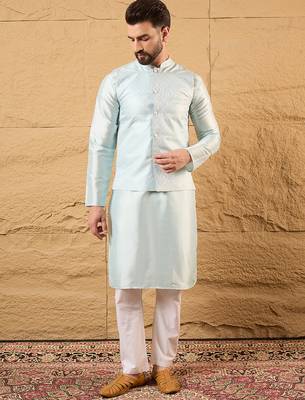 Mens blue jacquard woven design mandarin collar koti 4