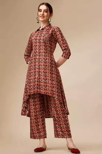 Placement embroidered chevron printed asymmetric co-ords
