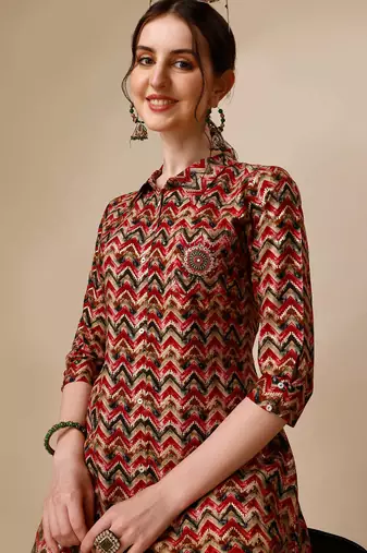 Placement embroidered chevron printed asymmetric co-ords