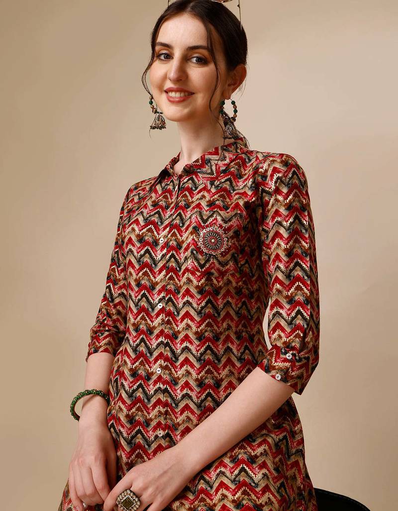 Placement embroidered chevron printed asymmetric co-ords