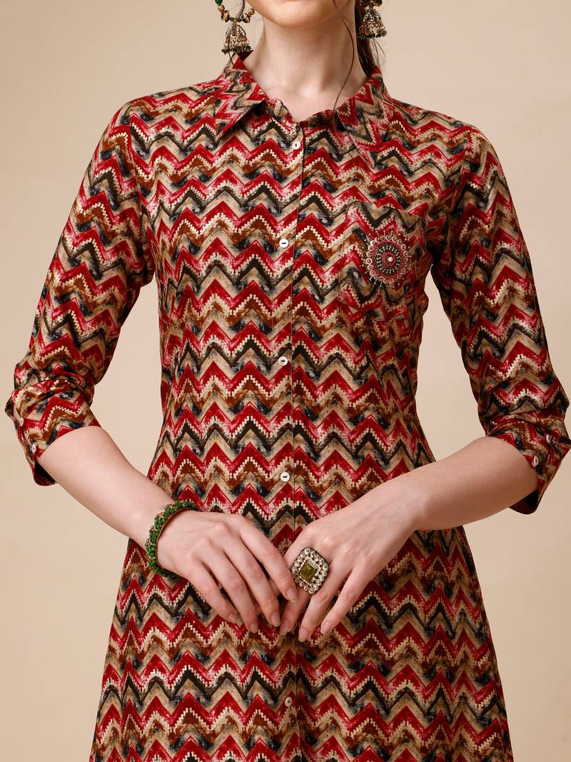 Placement embroidered chevron printed asymmetric co-ords