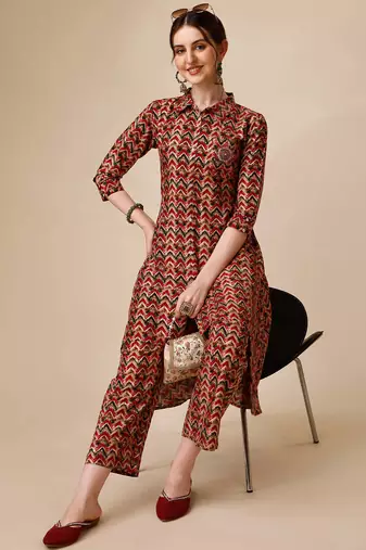 Placement embroidered chevron printed asymmetric co-ords