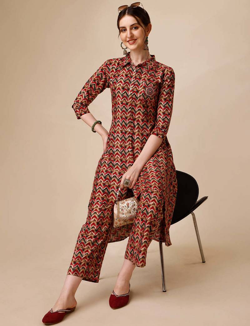 Placement embroidered chevron printed asymmetric co-ords