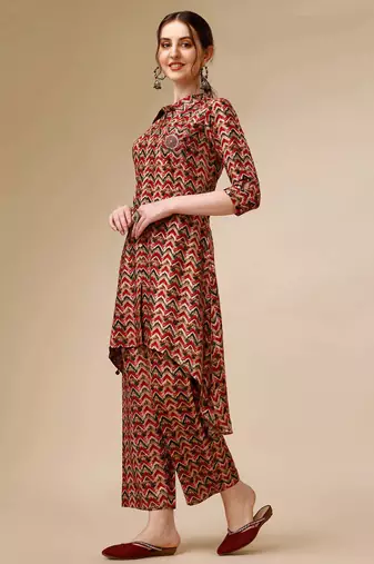 Placement embroidered chevron printed asymmetric co-ords