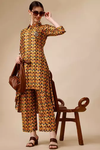 Placement embroidered chevron printed asymmetric co-ords