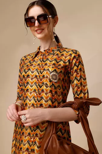 Placement embroidered chevron printed asymmetric co-ords