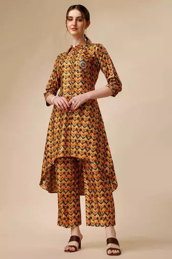 Placement embroidered chevron printed asymmetric co-ords