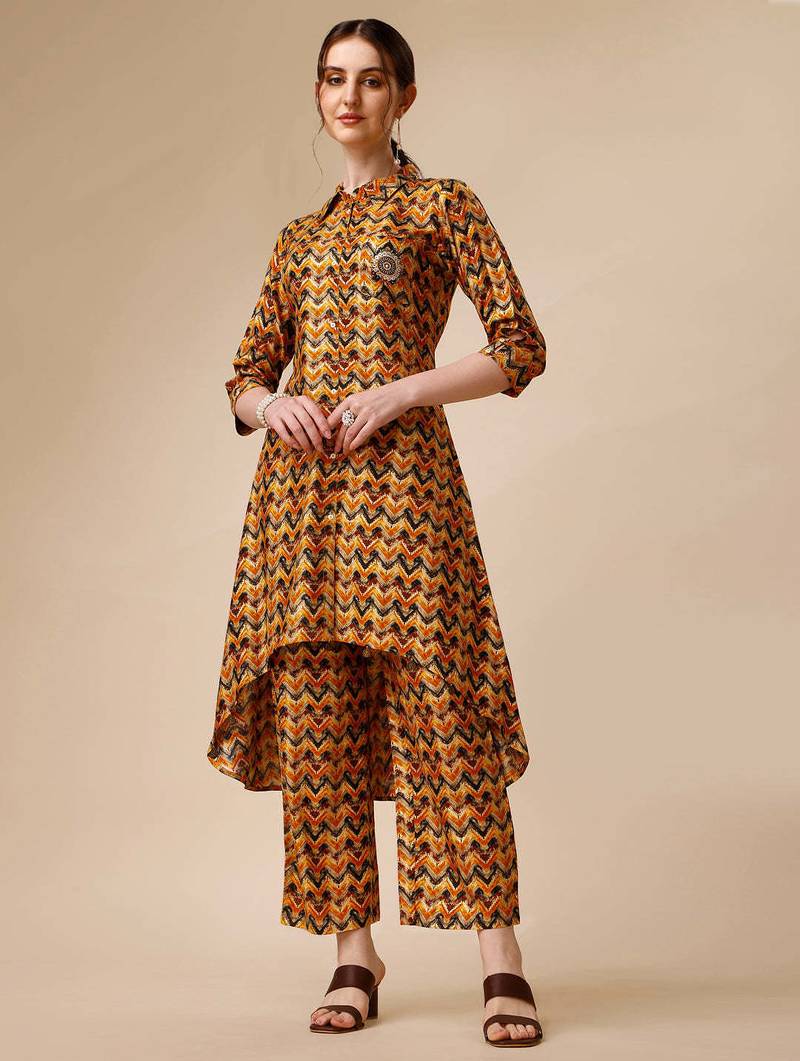 Placement embroidered chevron printed asymmetric co-ords