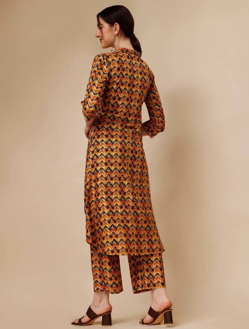 Placement embroidered chevron printed asymmetric co-ords