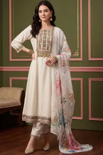 Women Floral Embroidered Regular Thread Work Kurta with Trousers & With Dupatta