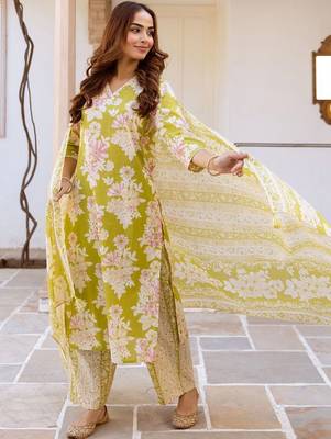 Women Floral Printed Regular Thread Work Pure Cotton Kurta with Trousers & With Dupatta 3