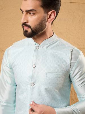 Mens blue jacquard woven design mandarin collar koti 5
