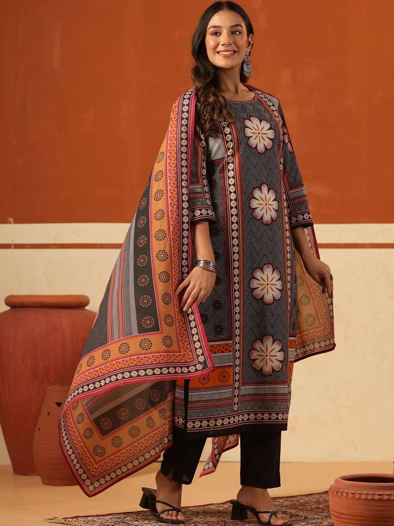 Women Ethnic Motifs Printed Regular Pure Cotton Kurta with Trousers & With Dupatta