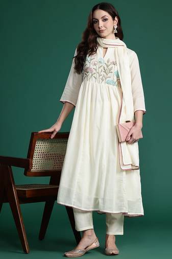 Floral Embroidered Empire Thread Work  Cotton Kurta with Trousers & Dupatta