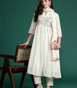 Floral Embroidered Empire Thread Work Pure Cotton Kurta with Trousers & Dupatta
