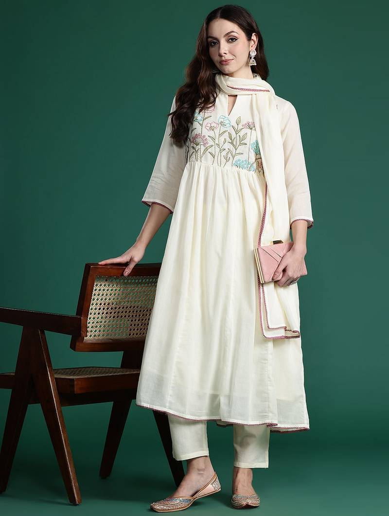 Floral Embroidered Empire Thread Work Pure Cotton Kurta with Trousers & Dupatta