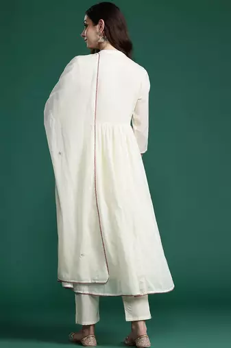 Floral Embroidered Empire Thread Work Pure Cotton Kurta with Trousers & Dupatta