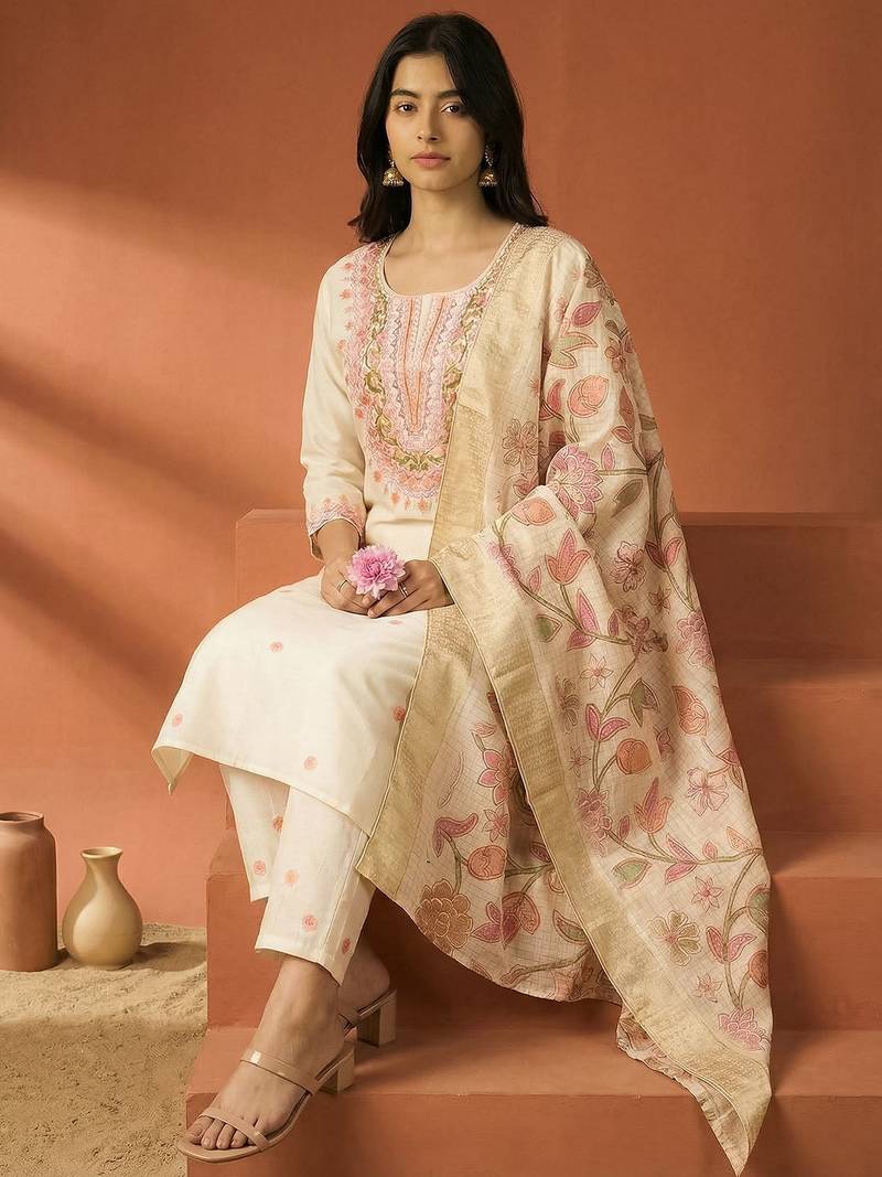 Women Floral Embroidered Regular Thread Work Kurta Set