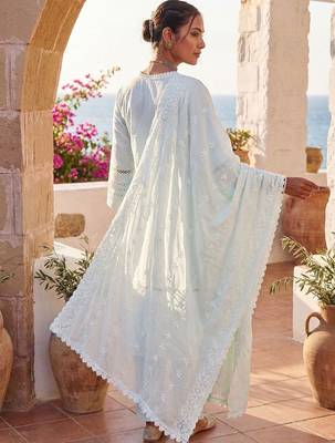 Women Ethnic Motifs Embroidered Regular Chikankari Pure Cotton Kurta with Trousers & With Dupatta 3