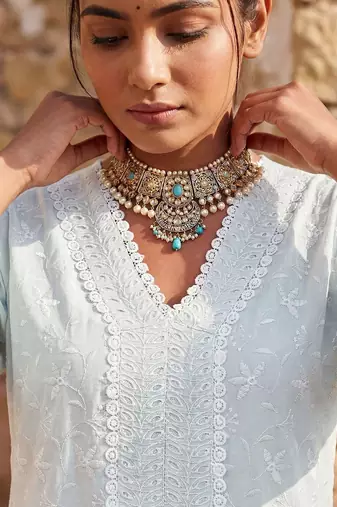 Women Ethnic Motifs Embroidered Regular Chikankari Pure Cotton Kurta with Trousers & With Dupatta