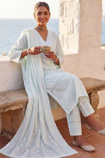 Women Ethnic Motifs Embroidered Regular Chikankari Pure Cotton Kurta with Trousers & With Dupatta